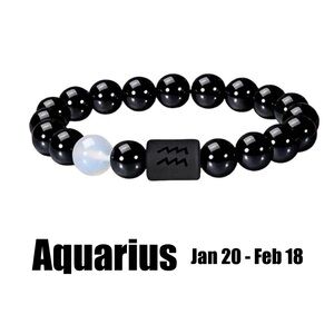 Aquarius ♒️ Zodiac Beaded Bracelet, Black 8mm Stone/Glass Beads •Jan 20-Feb 18•